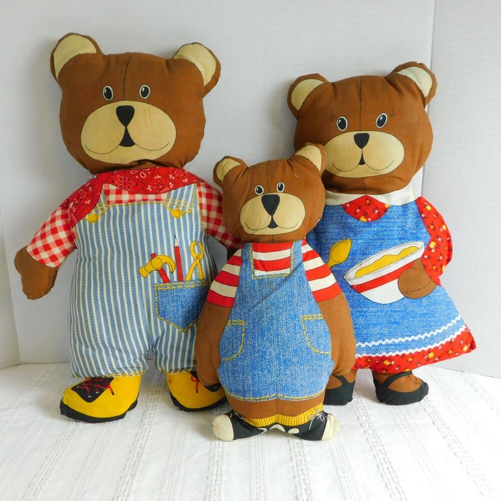 Bear Family Pillow Stuffed Plush Lot of 3, Cut & Sew Fabric 1970 Mr Mrs Vintage - Picture 1 of 14
